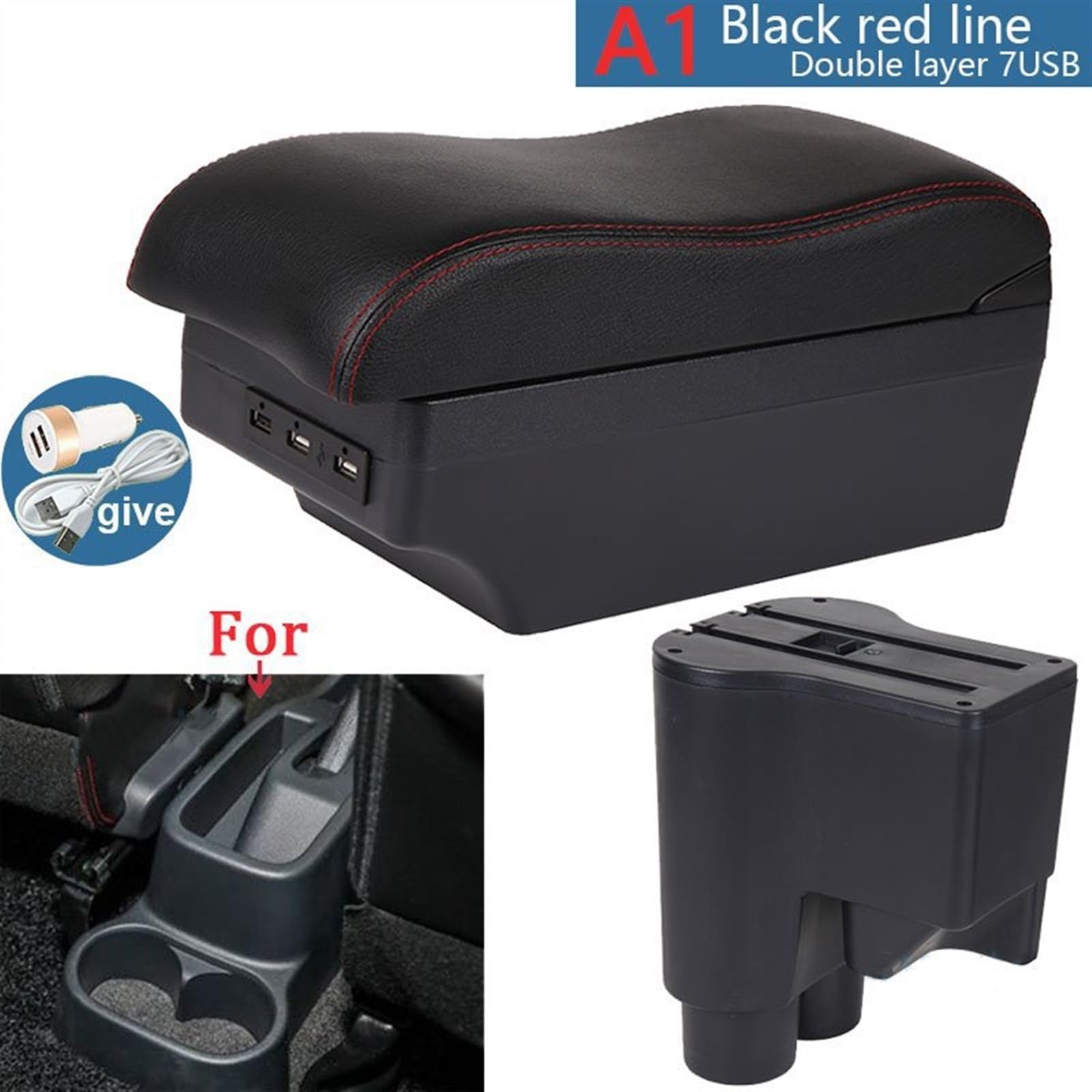 SaVgu Accessori, for Daihatsu sirion Materia 2007-2015 Auto Bracciolo Box Centrale Contenuto del Negozio Scatola di Immagazzinaggio Braccio Ricambi Auto (Color : B1 Black Red 3USB
