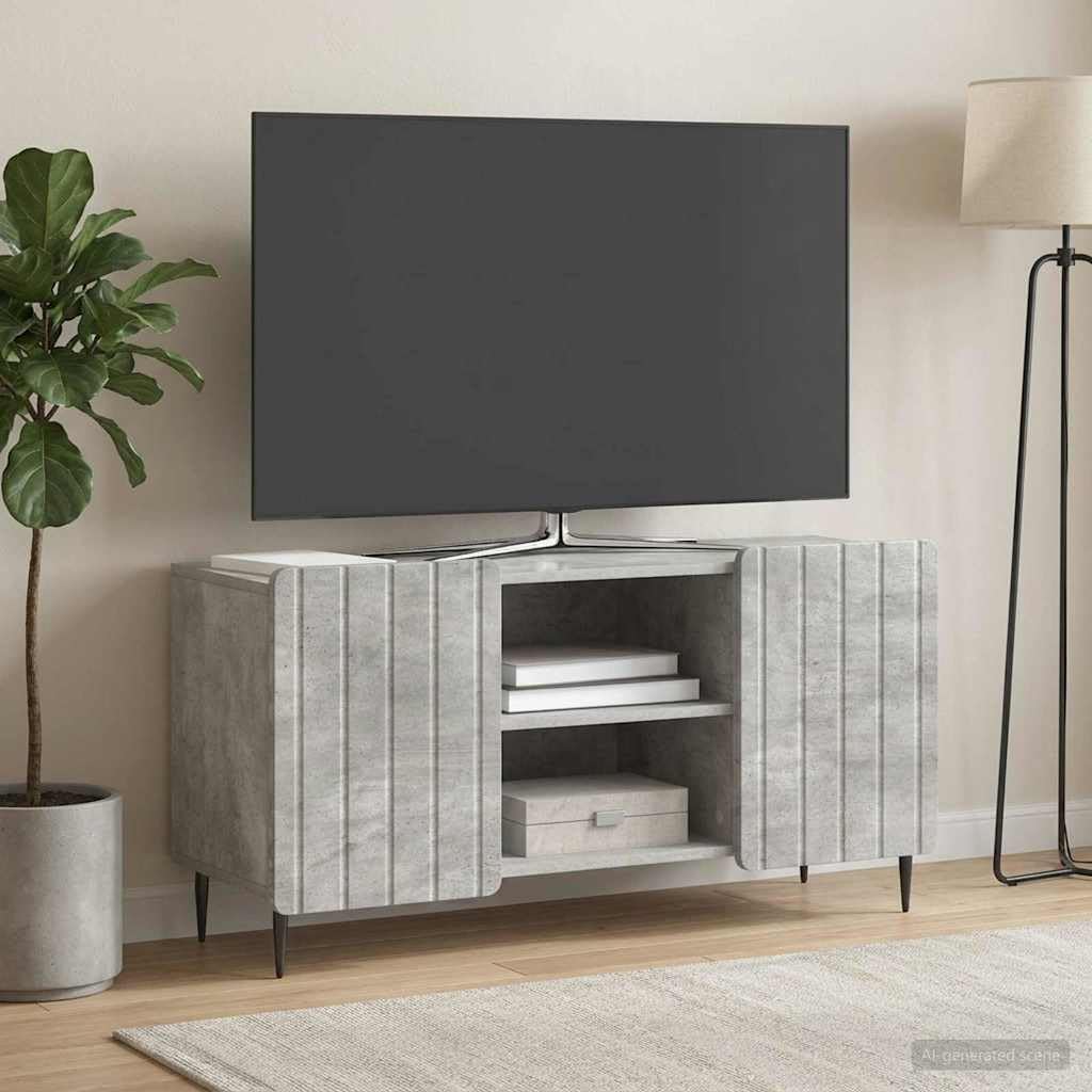 Hothingwell TV-Möbel, Holz, 102 cm, Betongrau | Drehtüren 90 °, Füße aus schwarzem Stahl, DVD-Regal, leicht zu reinigen mit feuchtem Tuch