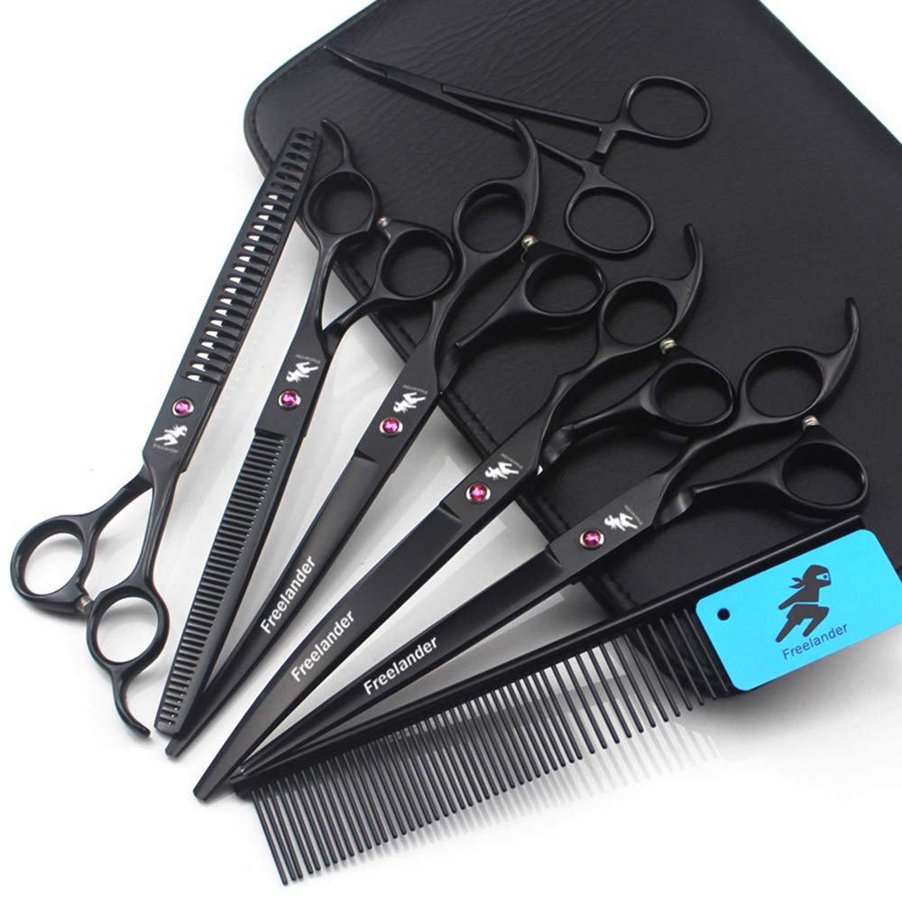 Freelander - Kit de tijeras para el cuidado de mascotas de 8.0 in, color negro, para perros o gatos, con tijeras de corte, tijeras de adelgazamiento, tijeras curvas, peine de aseo
