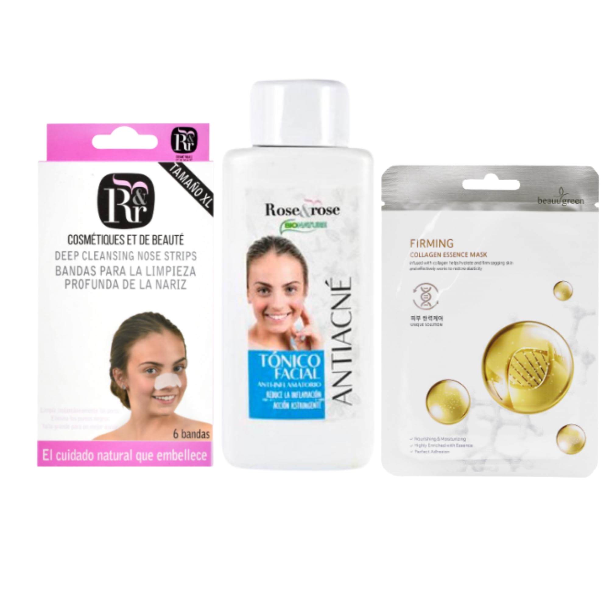 Rose & Rose Kit Bandas para la Limpieza Profunda de la Nariz + Tónico Facial Antiacné + Mascarilla Facial de Colágeno | Limpieza Profunda | Purificación, Hidratación y Cuidado del Rostro