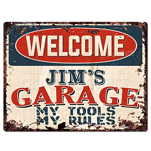 Welcome Jim’S Garage My Tools My Rules Tin Chic Sign Vintage Retro Rustic 9"x 12" Metal Plate Store Home Man Cave Decor Funny Gift