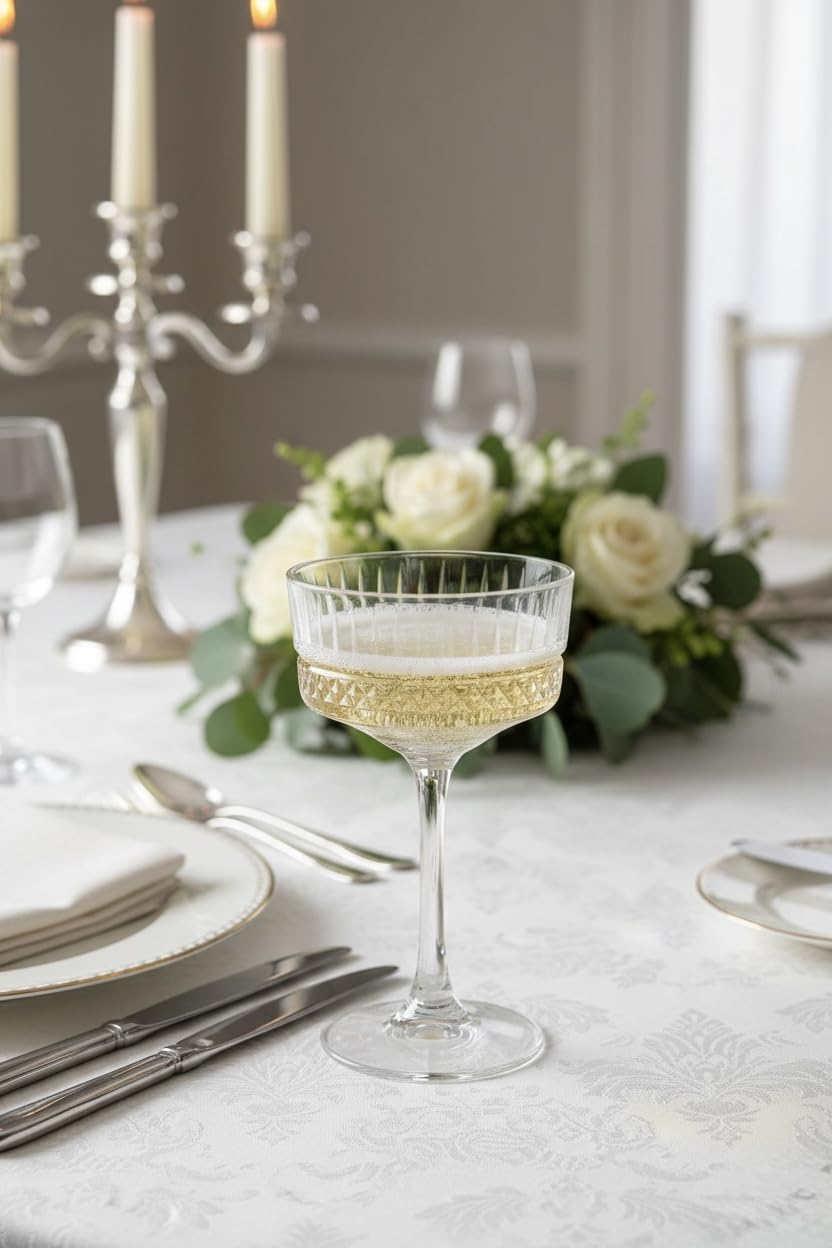 Oceano Set di 4 Calici Champagne e Cocktail in Cristallo Intagliato Coppe Retrò in Stile Vintage da 250ml Ideali per Bollicine, Martini e Dessert Design Elegante per Cerimonie e Feste