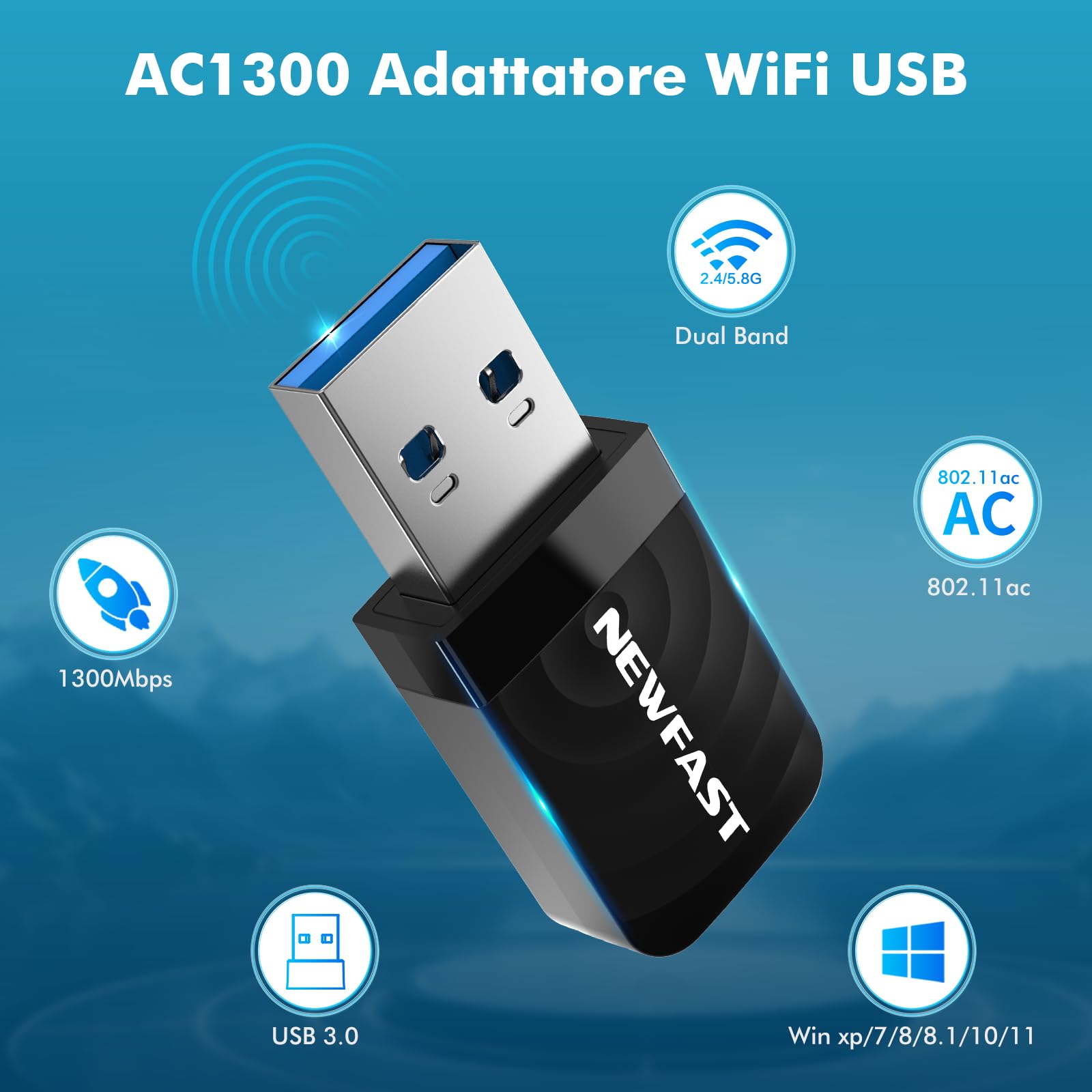 NEWFAST 1300Mbps WiFi USB per PC, Chiavetta WiFi Dual Band 2.4GHz/5GHz AC1300 Adattatore WiFi USB per PC/Desktop/Laptop, Compatibile con Windows 11/10/8.1/8/7/XP und Mac OS 10.11-10.15 (NF-U323V1)
