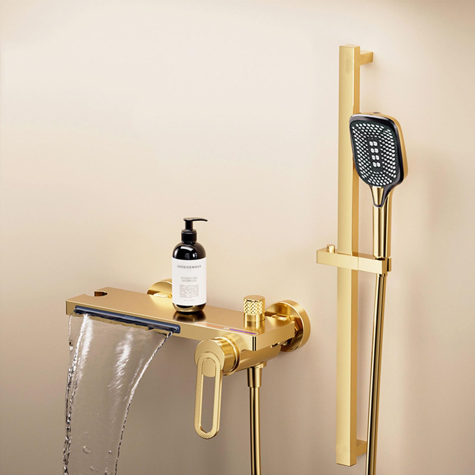 SBCGFY Brushed D Wall Mounted Bath Taps With Mixer Shower, 4 Mode Waterfall Faucet, Single Handle Luxury Bathroom Fixture,Brushed Gold