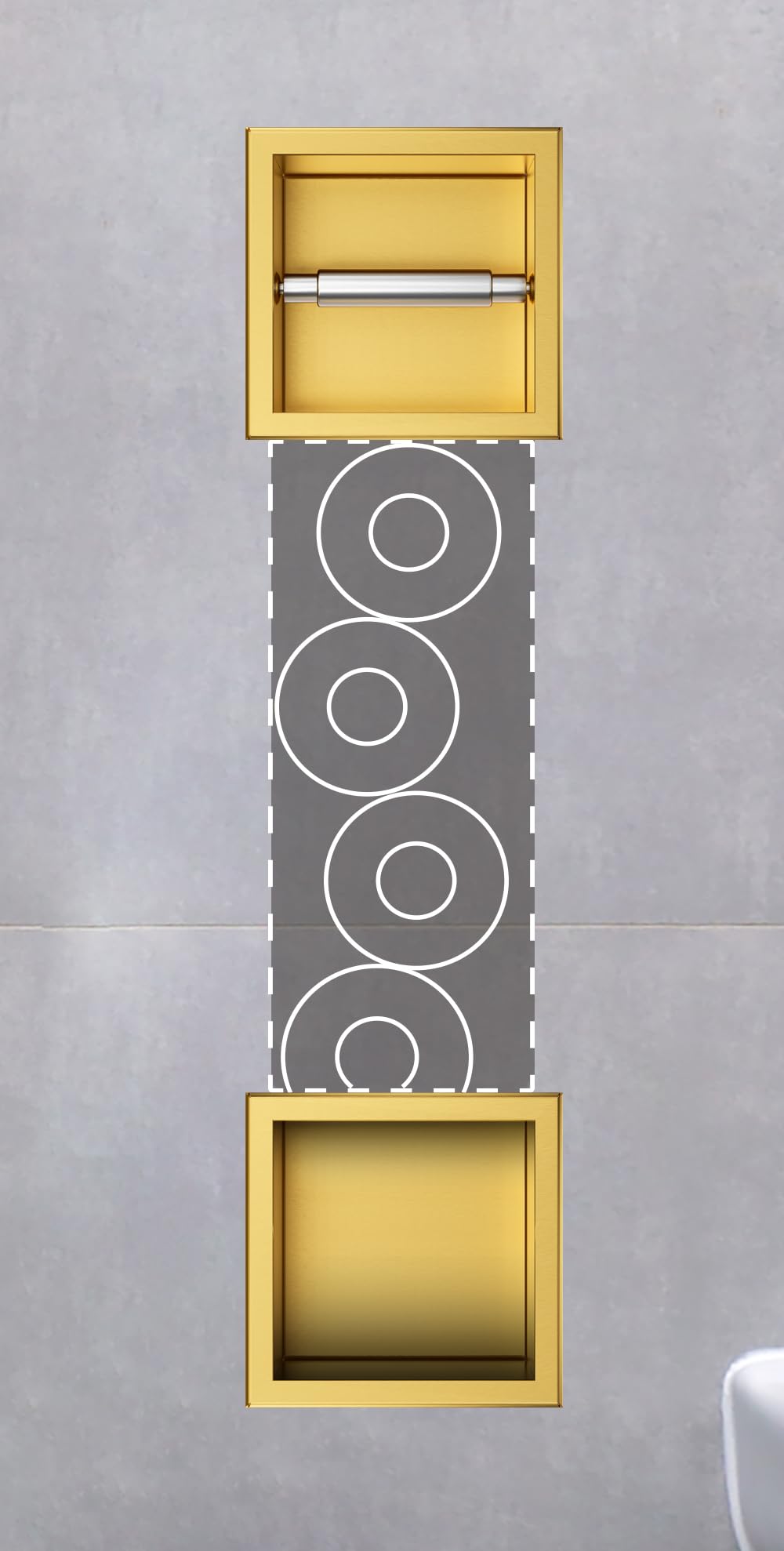 Porta Carta Igienica con Rivista per 6 Rotoli, Porta Carta Igienica per Bagno, Installazione a Parete, Oro, Acciaio Inossidabile, 74x20.8x14.75cm, Installazione Ad Incasso Wall-Box Paper 2 Oro