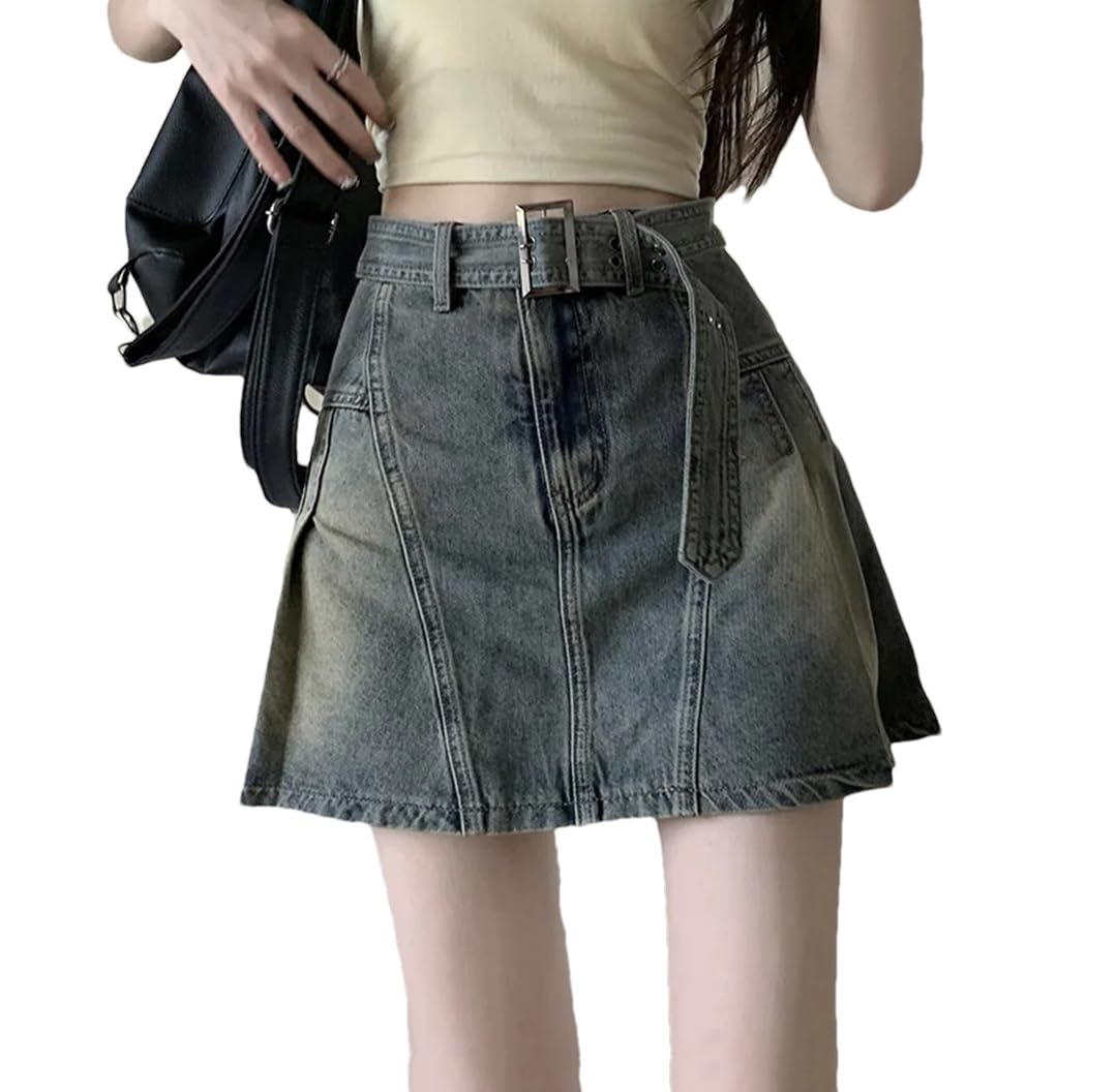Gonna da donna a vita alta, linea a trapezio, stile vintage, con fusciacche in denim, streetwear