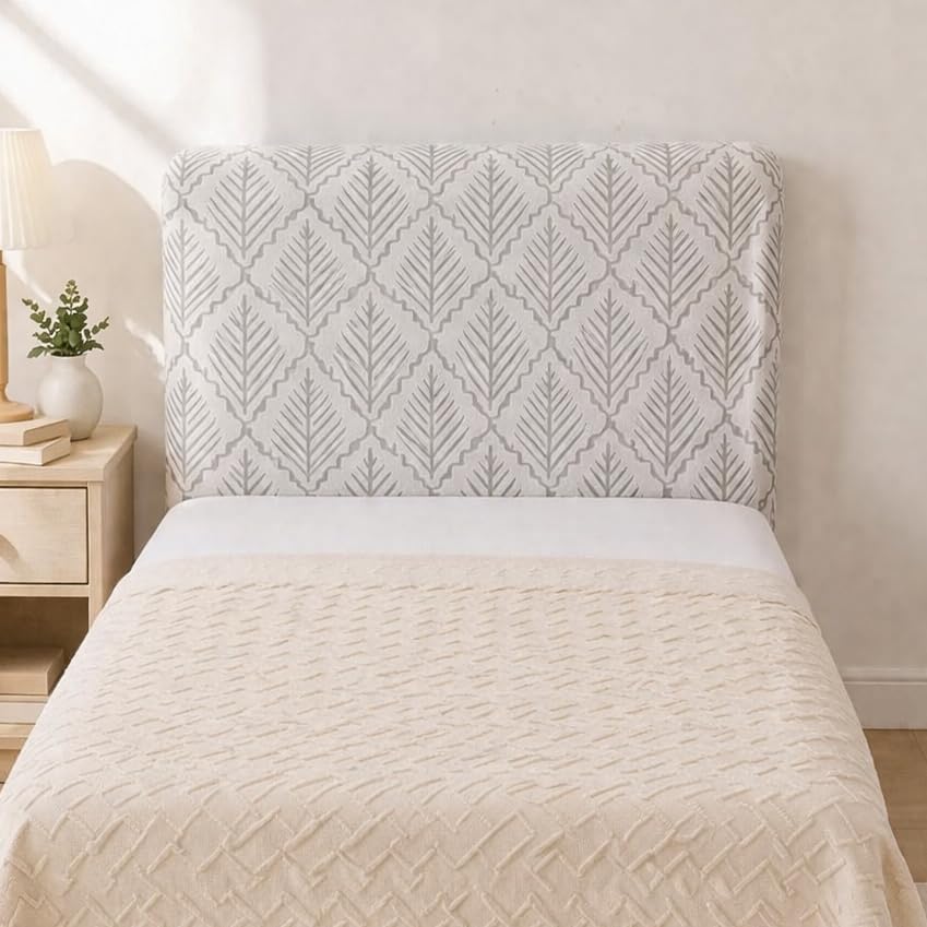 Image of HOMETHREADS 200 GSM Stretchable Jacquard Headboard Cover | Soft, Dust-Proof & Wrinkle-Resistant Bed Back Protector | Fits Leather, Wooden & Fabric Bedsides | for 3ft to 3.5ft Beds (Grey,90x65cm)