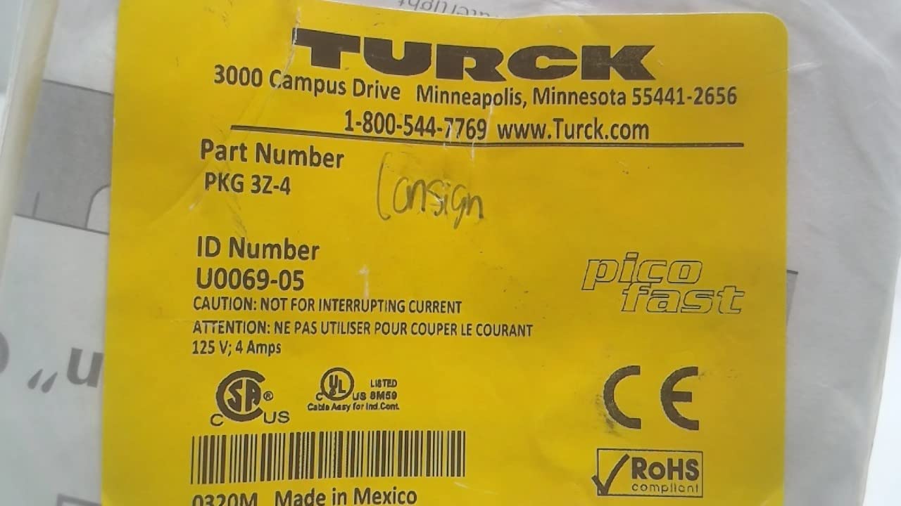 TURCK PKG 3Z-4 Female SNAP Lock/Locking Sleeve, U0069-05, 4 Meter Length, Single Ended, M8 PICOFAST, CORDSET, PVC Jacket, Straight Female Connector, NO LEDs, 3X24 AWG
