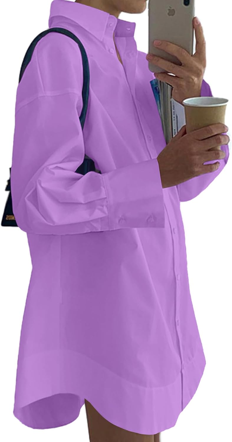  Women's V Neck Casual Shirt Dress | Collar Button Down Loose Long Sleeve Mini Dresses thumbnail