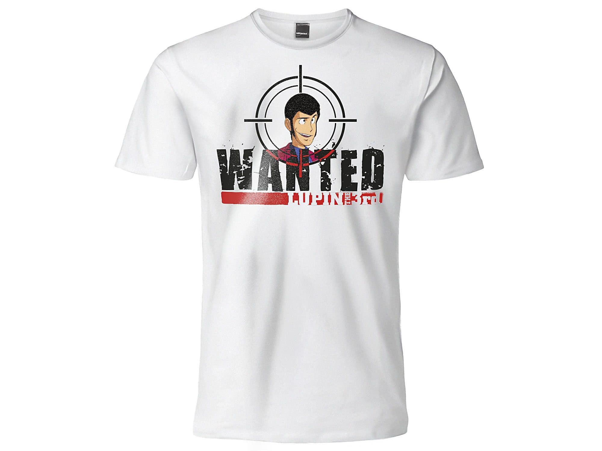 T Shirt Lupin III Wanted. Koszulka z krótkim rękawem w 100% bawełna. Biała koszulka Unisex. Dorosły Chłopiec.