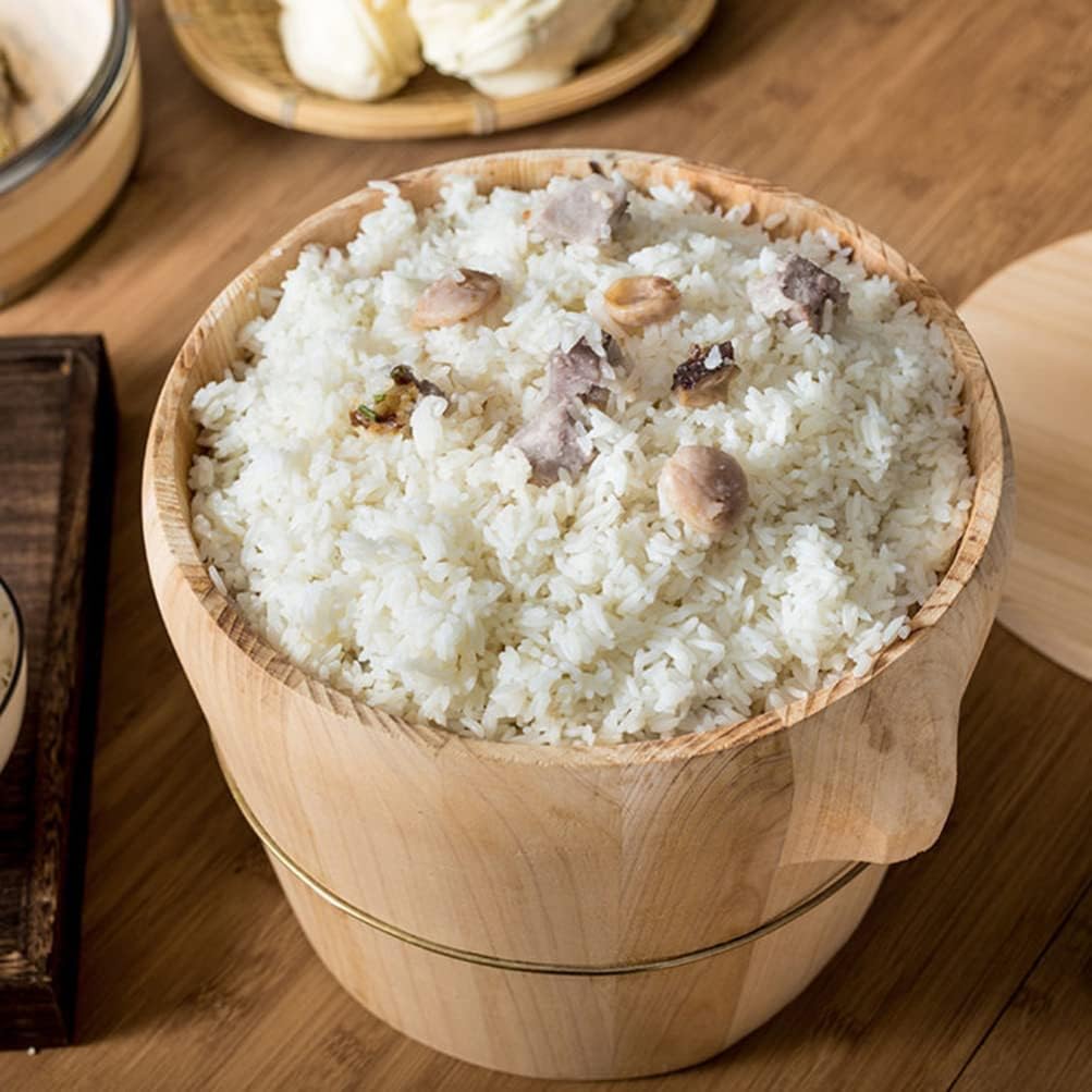 Home Kitchen Wooden Rice Bucket Set with Spoon, Steaming Cloth, and Lid for Evenly Cooked Rice, Light Brown, 8.26 X 6.49 X 6.49 Inches