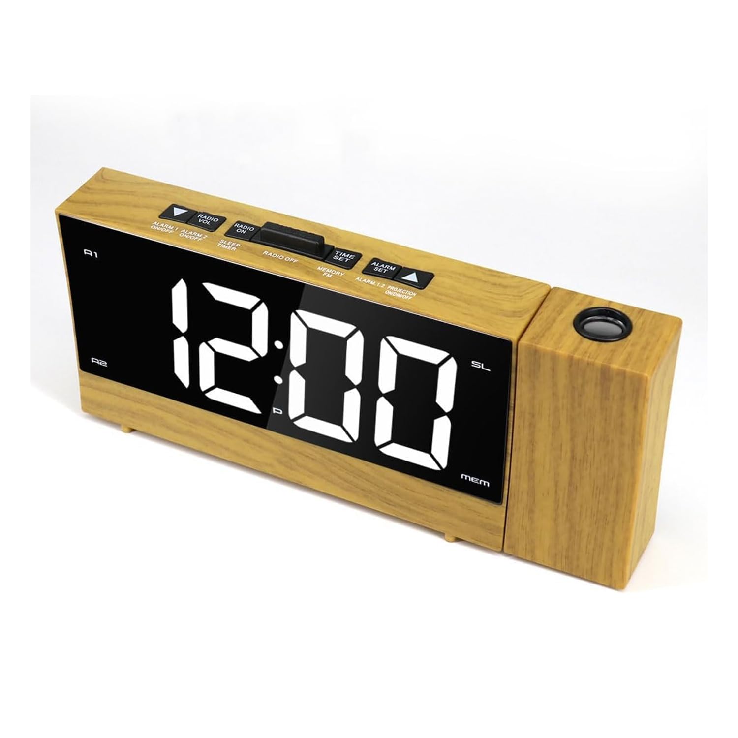 Budzik LED z projektorem obrotowym o 180°, wyświetlacz 1,8 cala, podwójny alarm, regulowana jasność, format 12/24 godzin, do domu i biura