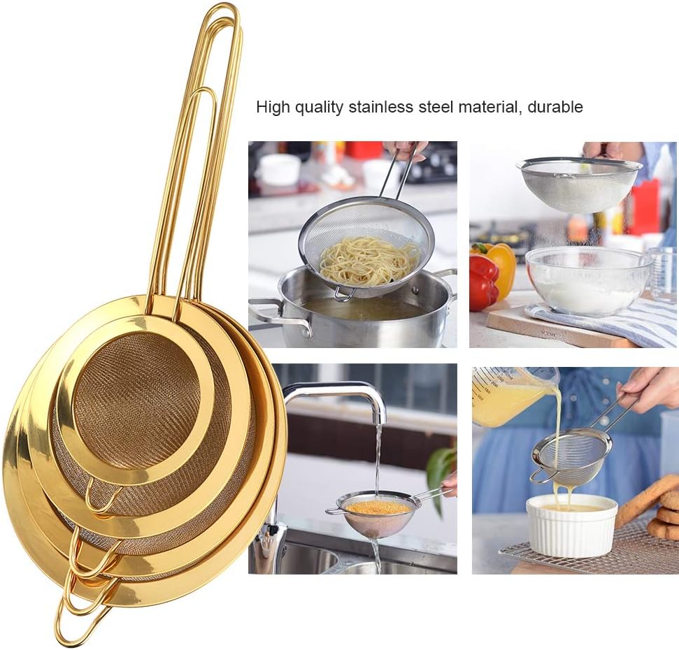 Stainless Steel Flour Sieve Set of 4 | Fine Mesh Strainer for Baking/Cooking/Juicing | Strong Kitchen Sifter for Flour/Sugar/Oil Remnants | Mirror Finished Rim, Non -