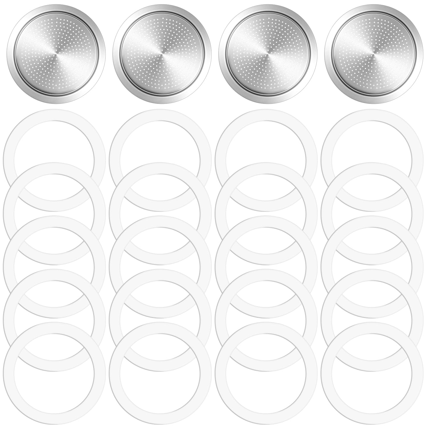 20PCS Silicone Gaskets Seal Ring with 4 PCS Stainless Steel Filter Basket Includes?Spare Food Grade Silicone Sealing Rings for Aluminium Stovetop Coffee Maker Pots -6Cup