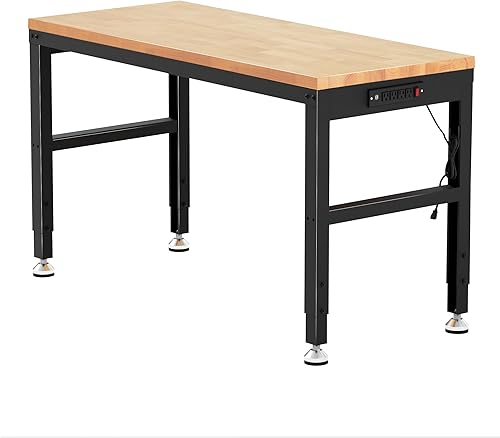 AHB Banco de trabajo de 48 pulgadas de altura ajustable, mesa de trabajo de madera maciza con tomas de corriente, máximo 2000 libras, estación de