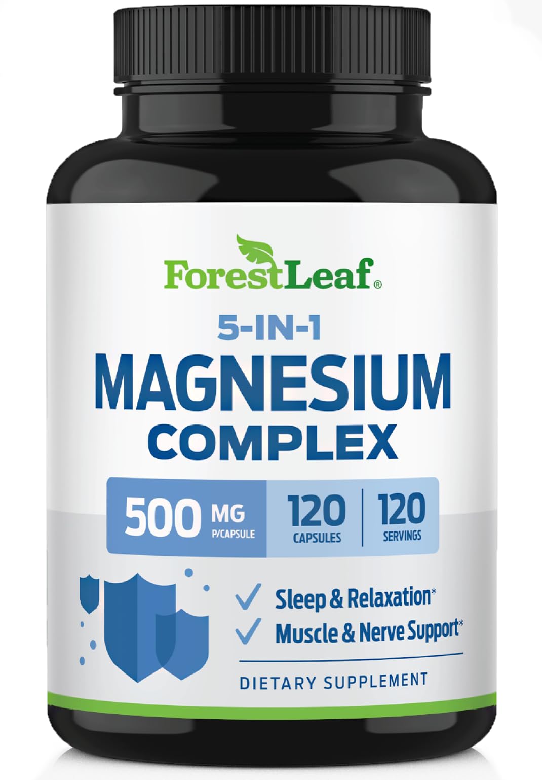 ForestLeaf Magnesium Complex for Women and Men - 500mg Magnesium Supplement for Sleep - 5-in-1 Chelated Magnesium Citrate, Bisglycinate, Malate, Taurate, Oxide (120 Ct)