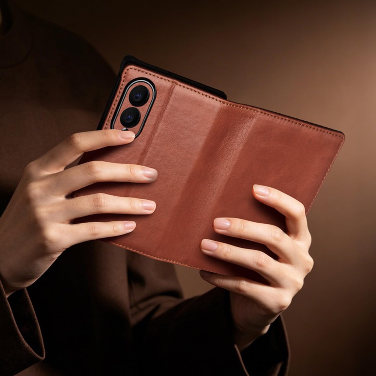 Custodia a portafoglio compatibile con Samsung Galaxy Z Fold 8, texture cera olio marrone