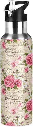Vintage Pink Flowers Stainless Steel Vacuum Insulated Water Bottle 32 Oz Leakproof Water Bottles, BPA-Free Sports Water Bottle with Straw