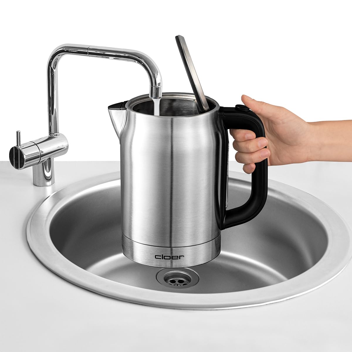 Cloer 4459 Hervidor de agua táctil, 2200 vatios, estación base con pantalla LED de superficie de vidrio, pantalla táctil con control de temperatura, 1,7 litros, acero inoxidable