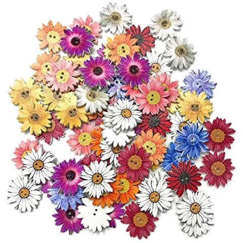 Prosperveil 50 PCS Wooden Buttons for Crafts 25mm Decorative Gerbera Flowers Buttons with Holes for DIY Sewing Crafts Knitting Baby Clothes Scrapbooking Embellishments Cover