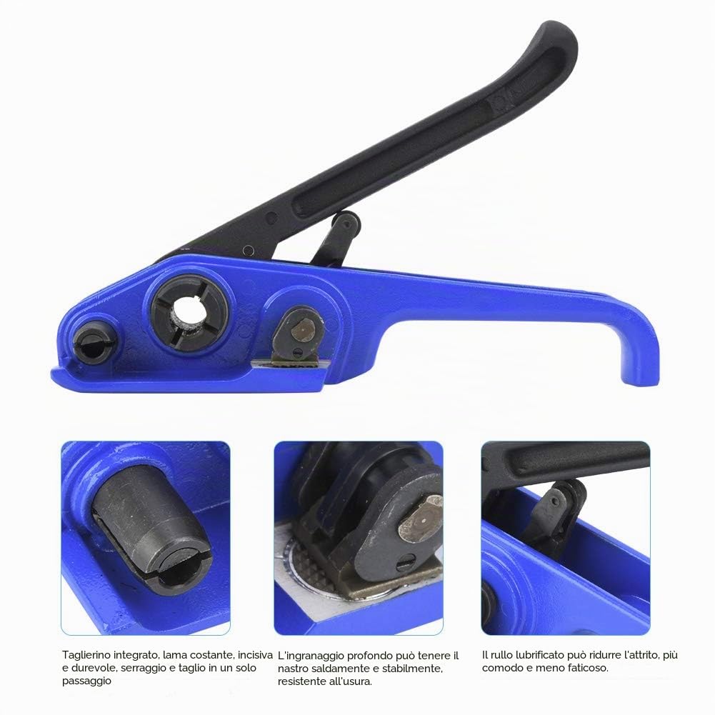 Estink Tendireggia Manuale Professionale in Acciaio con Taglierina Integrata, per Nastro Imballo PET PP, Larghezza 16-19mm Spessore 0,3-1mm | Per nastro PET/PP 16-19mm, professionale