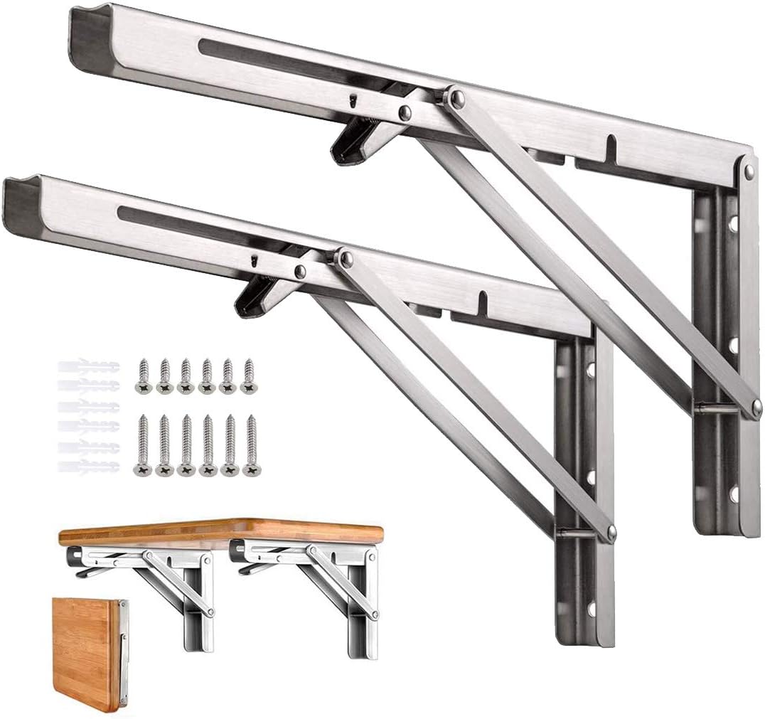 Folding Shelf Brackets Stainless Steel Heavy Duty Shelf Brackets for Wall Shelf - 150 LBS Max Load Capacity for Work Table Space Saving 12 Inch Stainless Steel 2 Pack