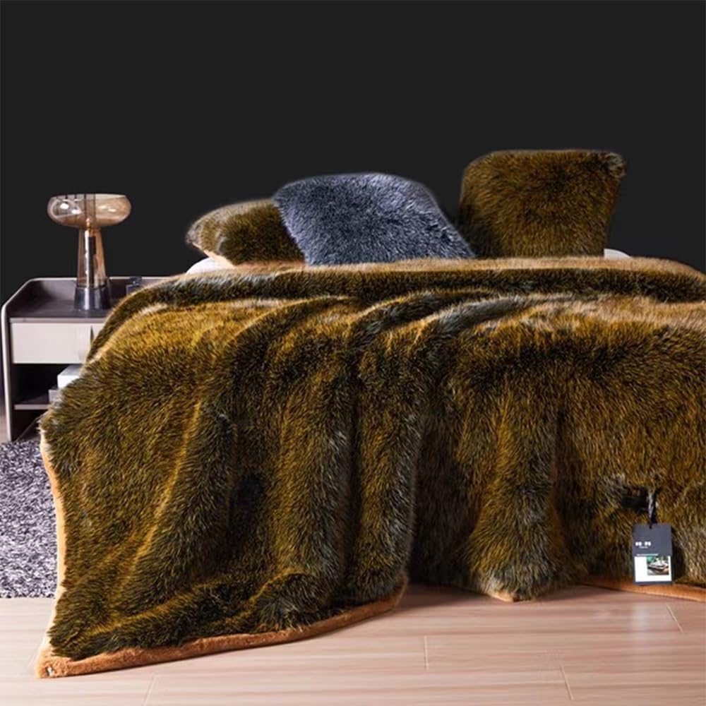 6Kg Luxury Faux Fur Blanket - Queen 79"X91" Thick Warm Double Sided Large Fluffy Blankets, Winter Cozy Fuzzy Fur Throws, Super Soft Cosy Plush Brown Throw for Bed Sofa Couch,A,200 * 230cm