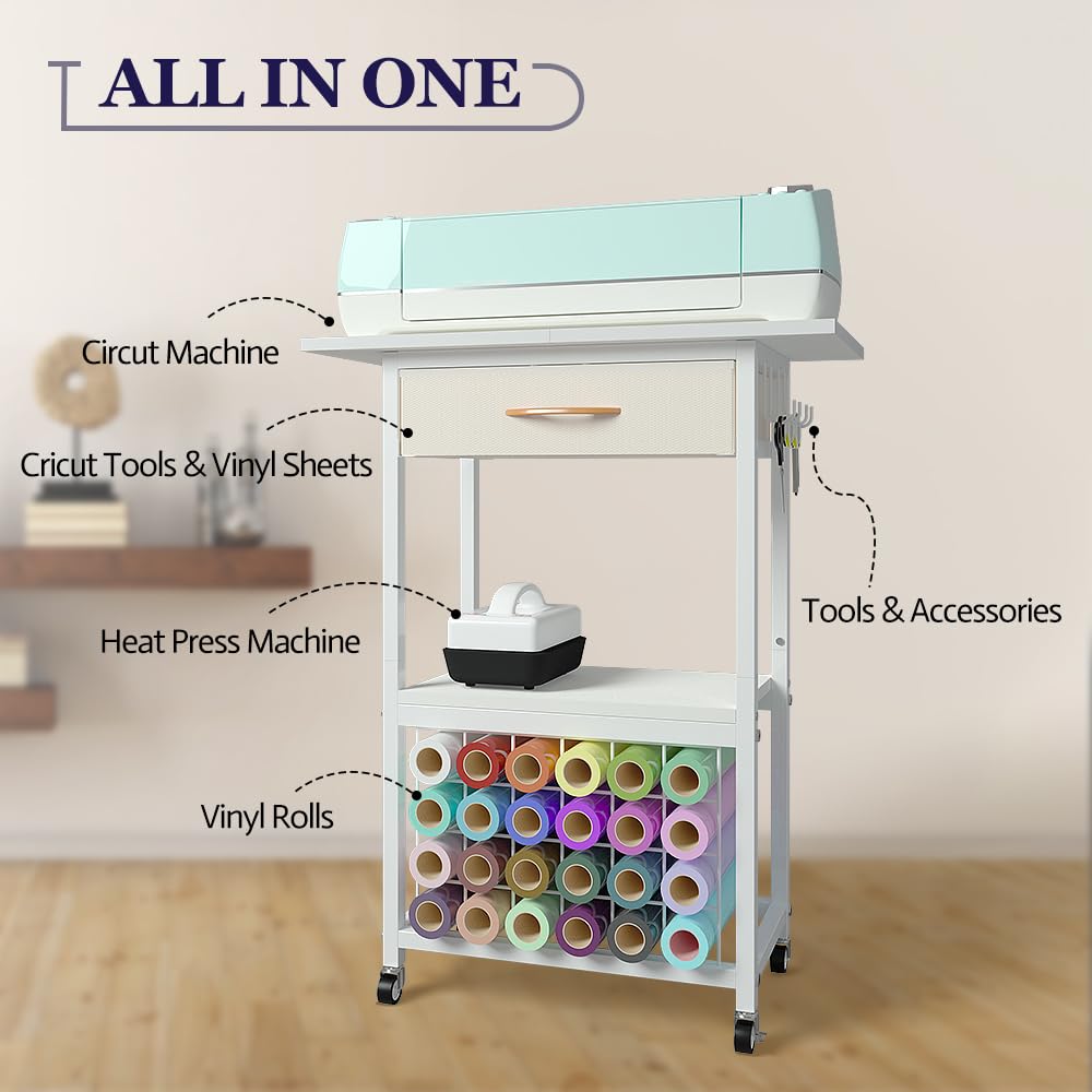 Organizzatori e contenitori compatibili con macchine Cricut, carrello portaoggetti con cassetto, tavolo artigianale con supporti per rotoli in vinile, postazione di lavoro con ruote, bianco