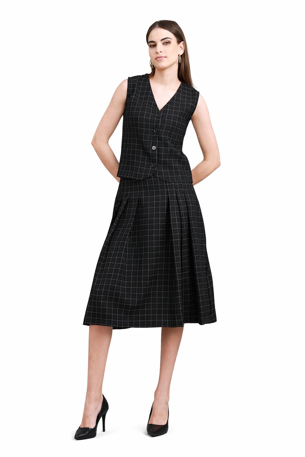 Women’s Black Checkered Co-ord Set | Sleeveless V-Neck Vest with Pleated A-Line Midi Skirt | Elegant Two-Piece Formal Outfit