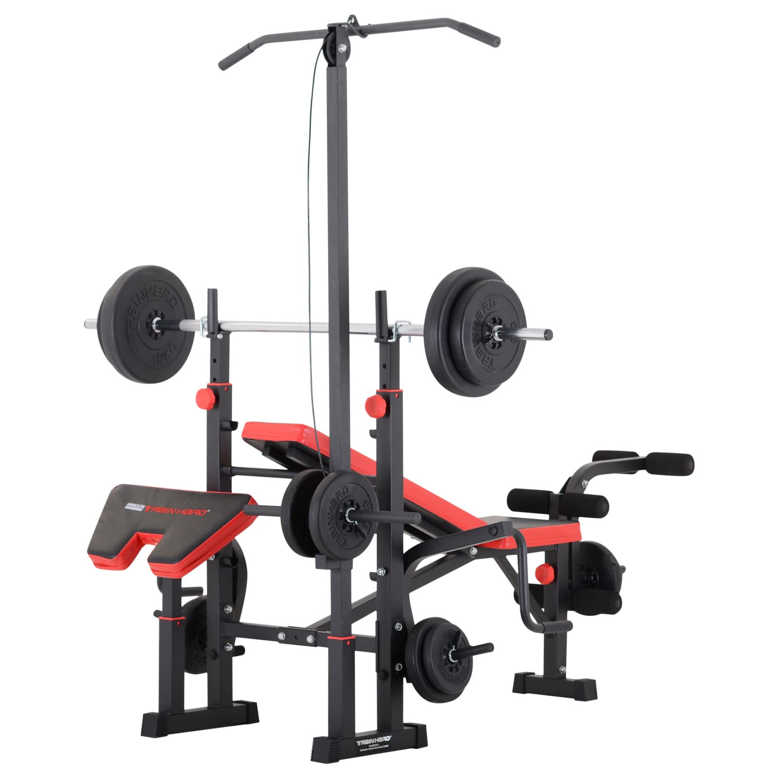 TrainHard Kraftstation Fitnesscenter Hantelbank schwarz/rot mit 1,6m Langhantelstange und 25kg Hantelscheiben
