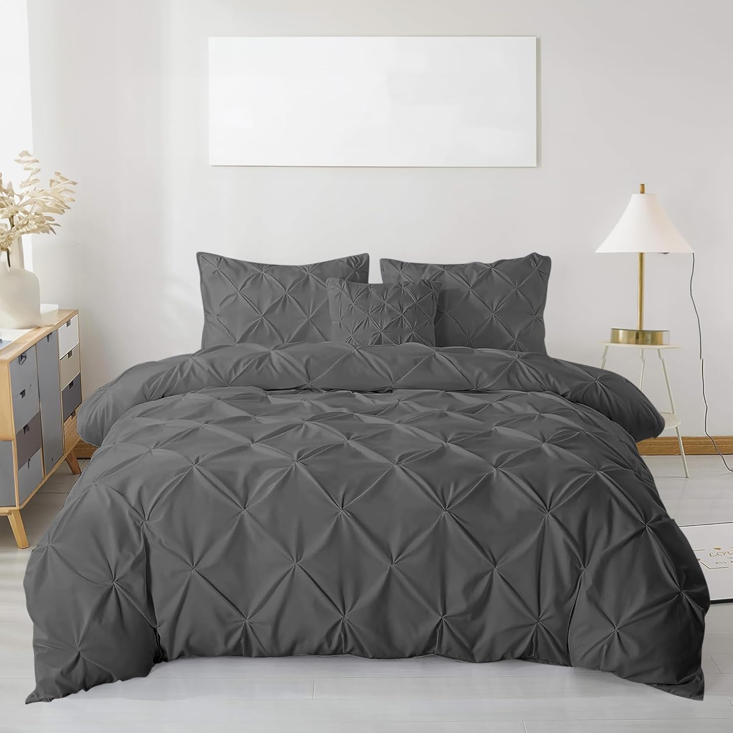 MK Home Textile Pintuck Duvet Cover Set – Luxury Pinch Pleat Bedding with Pillowcases, 100% Soft Microfiber, Wrinkle-Resistant Quilt Cover, Single Double King Super King (Charcoal, King)
