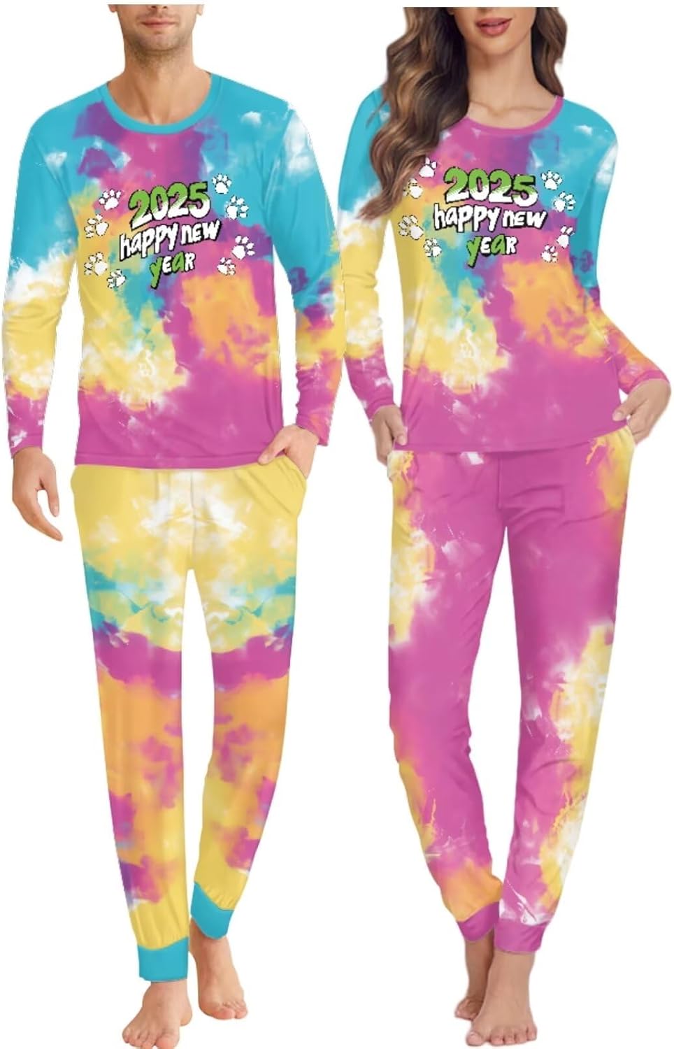 Couples New Year Pajamas Sets 3D Print Happy New Year Pattern Round Neck Pajamas 2Pcs Set Warm Sleepwearv