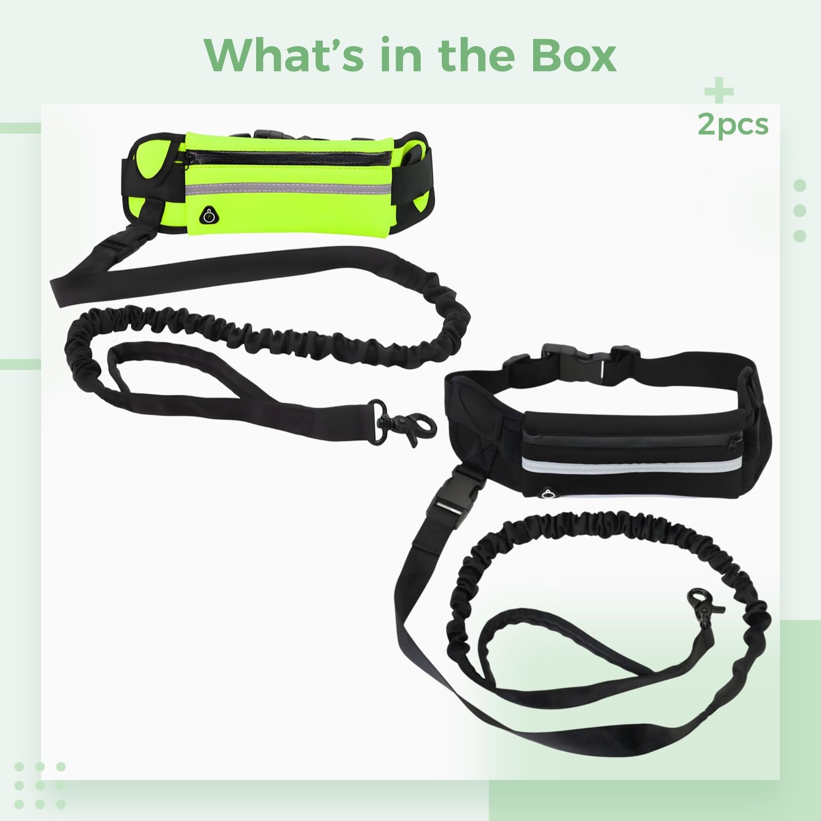 Lot de 2 laisses pour Chien Mains Libres, Laisse Bungee réfléchissante avec Ceinture Ventrale réglable, modèle Double Couleur avec Pochette zippée, 49,2 in / 125 cm, Noir et Jaune Fluorescent