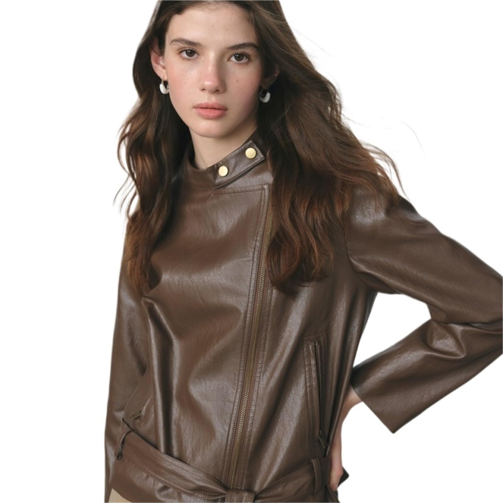 Chaqueta Cuero Mujer Chaqueta corta de cuero sintético marrón oscuro for mujer, abrigo informal ajustado otoño Para salir