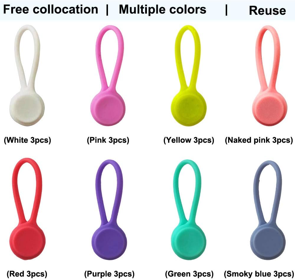 Reusable Magnetic Ties with Strong Magnet for Bundling and Organizing Cables,Headphone Cables,USB Charging Cords,Hanging & Holding Keychain,Silicone Cord Winder Magnetic Cable Clips 8 Colors - 24 Pack - Image 3