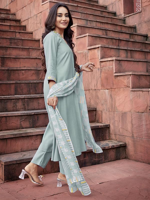 Image of Royal Export Women's Viscose Yoke Mirror Work Solid Flared Kurta Pant with Dupatta Set, Anarkali Kurta Sets for Women
