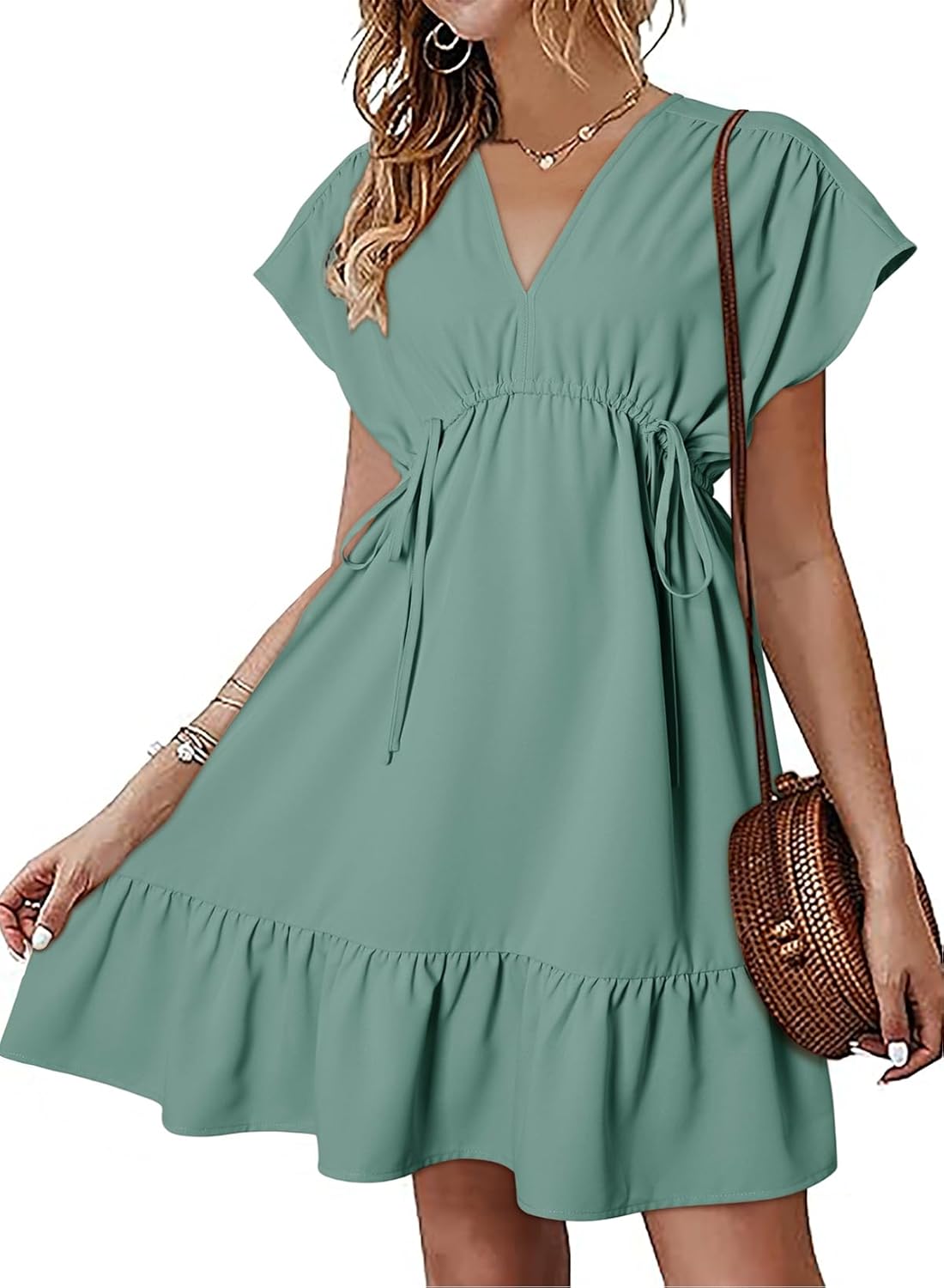 Dokotoo Womens Summer Dresses 2025 Short Sleeve V Neck Empire Waist Drawstring Casual Ruffle A-Line Swing Mini Babydoll Dress Medium Grass Green