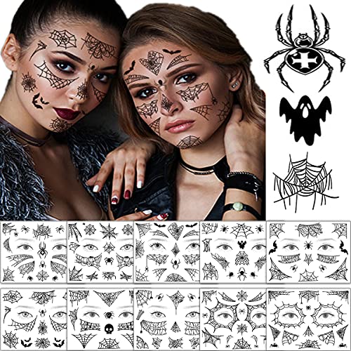 Halloween Face Temporary Tattoos Spider Web Fake Tattoos Stickers Bat Spider Web Skull Ghosts Waterproof Tattoo Designs Halloween Party Decorations Supplies for Face Body Men Women 10 Sheets