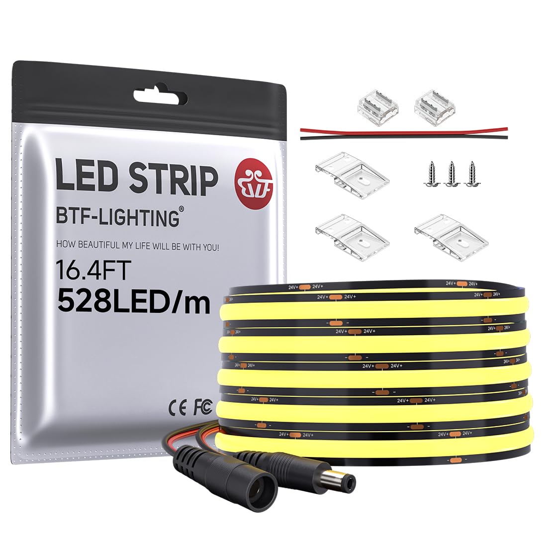 BTF-LIGHTING FCOB COB LED Strip 528LED/m DC24V Warm White 3000K Flexible High Density Uniform Light 14W/m 16.4FT CRI 90+ 10mm Width Black FPCB for