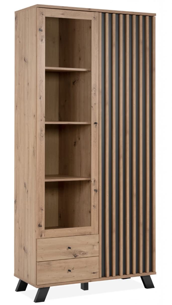 Vitrine Medan – Artisan Eiche Dekor / Anthrazit, ca. 92 x 198 x 40 cm, Industrial Style Fußgestell