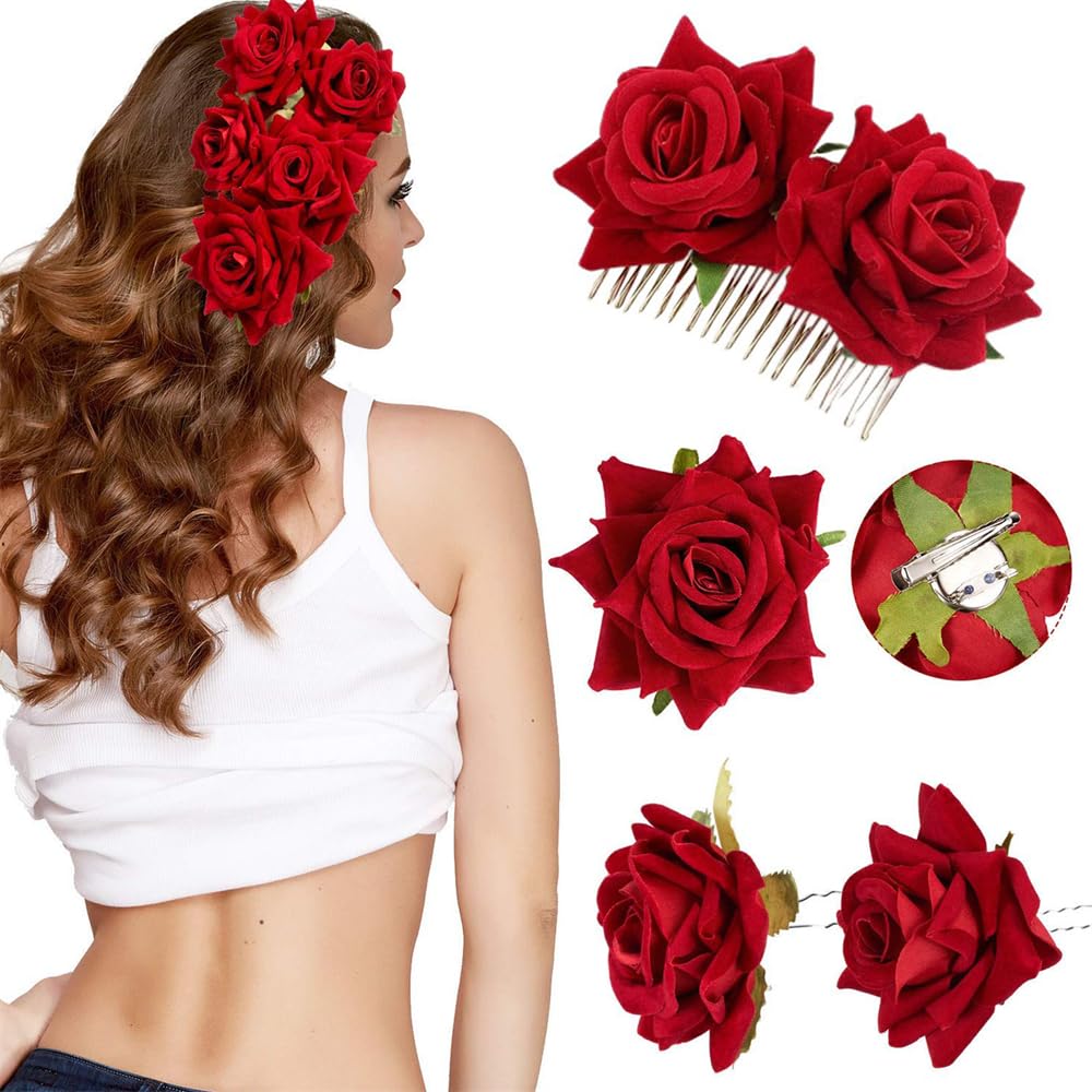 Rose Flower Hair Clip, Bridal Rose Brooch Wedding Floral Clips, Bridal Headpiece, Rose Bridal Hair Pins, Women Flower Hair Accessories for Women Girl Party Flamenco Dancer Wedding (4 Pieces)