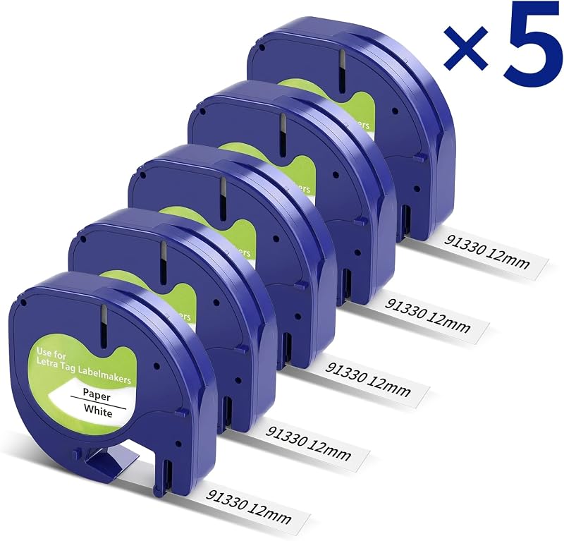 Replace for Dymo Letratag Refills Black on White Paper Label Maker Tape 5PK | Easy Peel Compatible with Dymo Letratag Label Maker Refills 91330 for LT-100H 200B 100T Plus QX50 1/2" x 13' Home Office Use