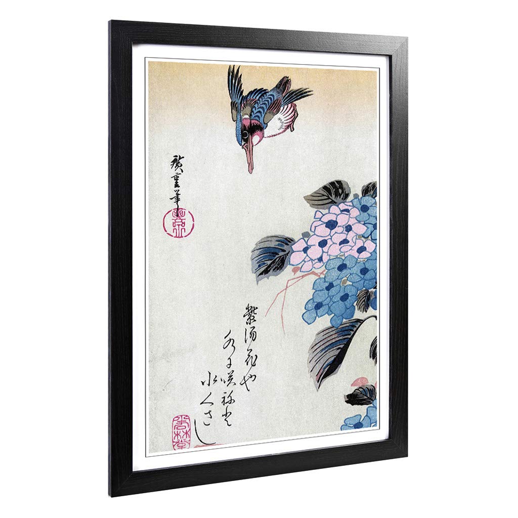 Big Box Art Framed Print of Hiroshige Japanese Oriental Hydrangea and Kingfisher Design | Wall Art Picture| Home Decor for Kitchen, Living Room, Bedroom, Office, Black, A2 / 24.5x18 Inch / 62x45cm