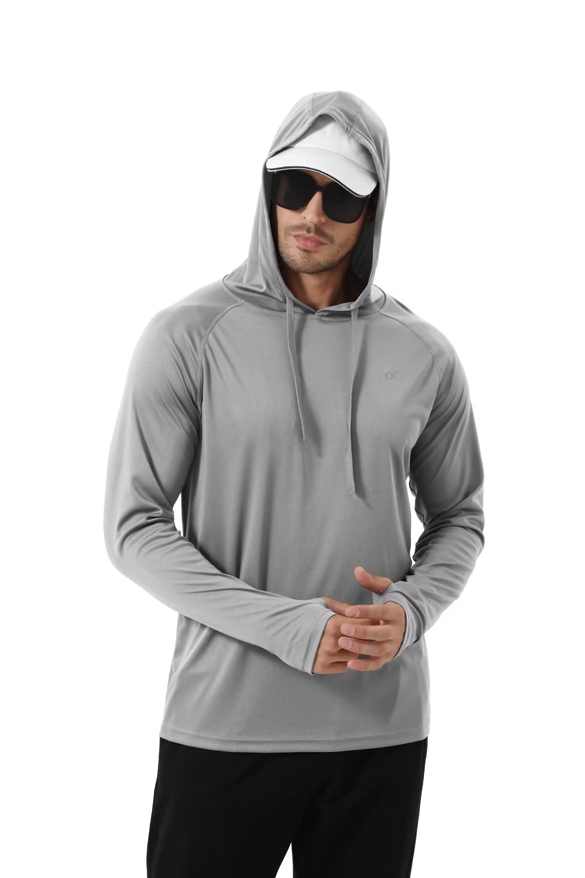 Yundobop Męska koszulka do pływania UPF 50+ Rash Guard z długim rękawem sportowe bluzy z kapturem lekka koszulka wędkarska do biegania z otworami na kciuki