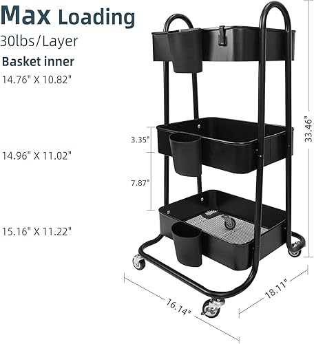 Miniatura 3 de Carrito utilitario de metal de 3 niveles, carritos de almacenamiento con asa y ruedas con cerradura, organizador de carrito de arte, carrito de
