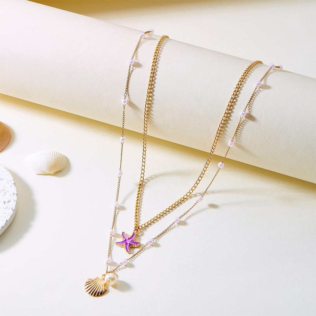 Boho Layered Pearl Seashell Necklace for Women Dainty Long Layering Pearls Starfish Choker Star Shell Statement Necklaces Trendy Beach Vacation Jewelry - Image 7