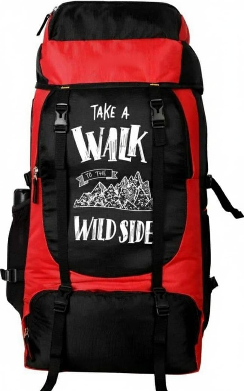 adventure hiking backpack, black and red, take a walk to wild side mountain design, large capacity outdoor travel rucksack with adjustable straps
