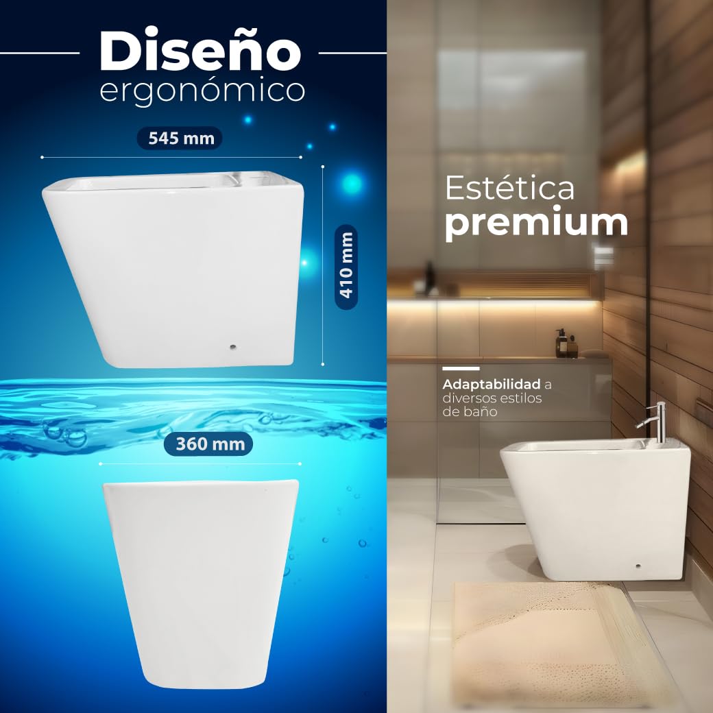 INODORO Completo con BIDET, Inodoro y Bidet Blanco, Pack Wc Inodoro, Retrete con Bidet para Hogar, Sistema Rimless Antibacterias, Tapa Dura Extrafina Amortiguada, Salida Dual