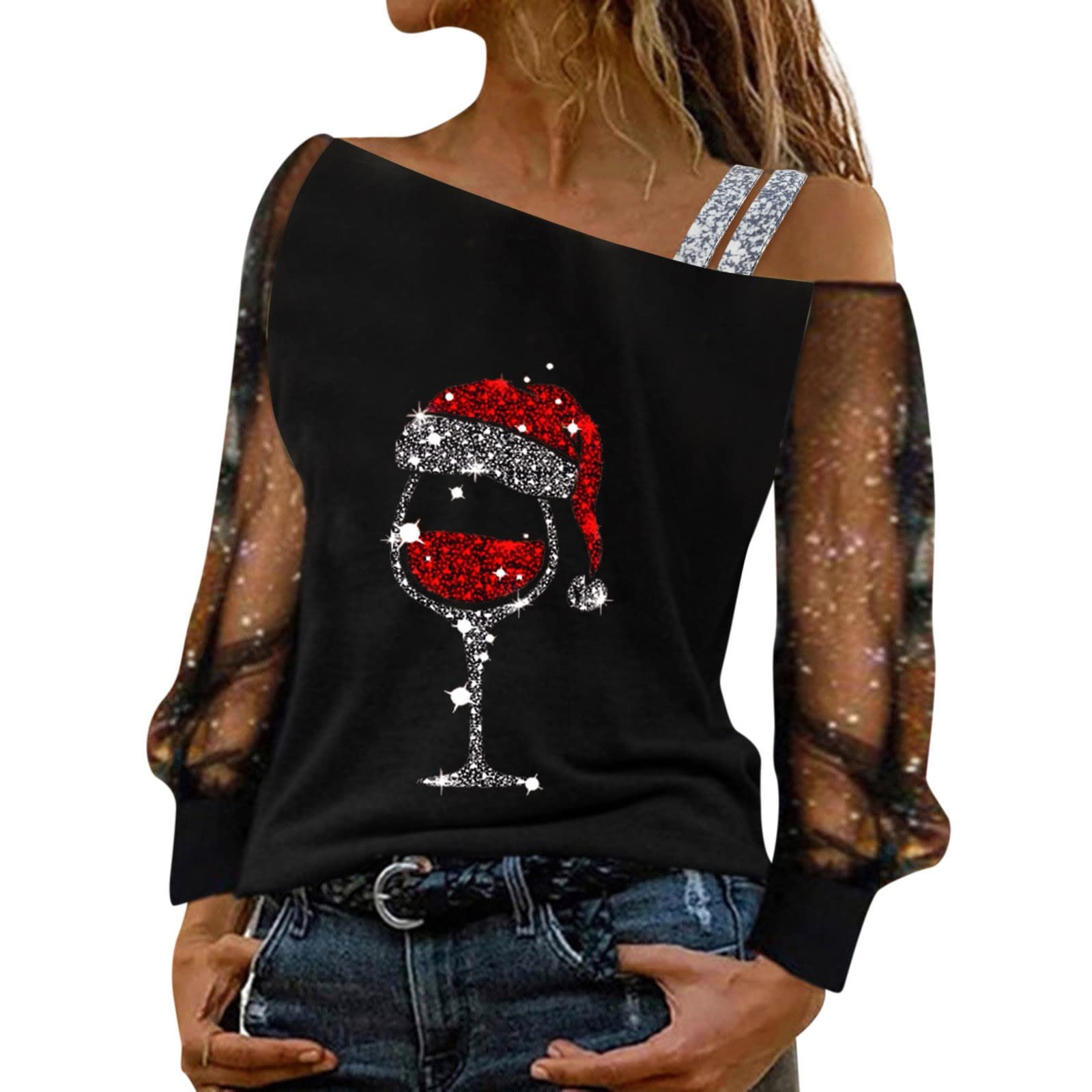 Weihnachtsshirt Damen Weihnachts Tshirt Sexy Schulterfrei Oberteile Glitzer Langarmshirt Weihnachtspullover Damen Lustig Weihnachtsbluse Elegant Weihnachten Pullover Weihnachtspulli Weihnachtsoutfit