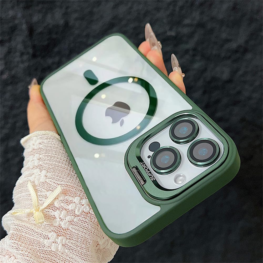 Magnetyczne etui odporne na wstrząsy do iPhone'a 17 16 15 14 Plus 13 12 11 Pro Max, podstawka Funda, szklana osłona obiektywu, zielona, do iPhone'a 17 Air